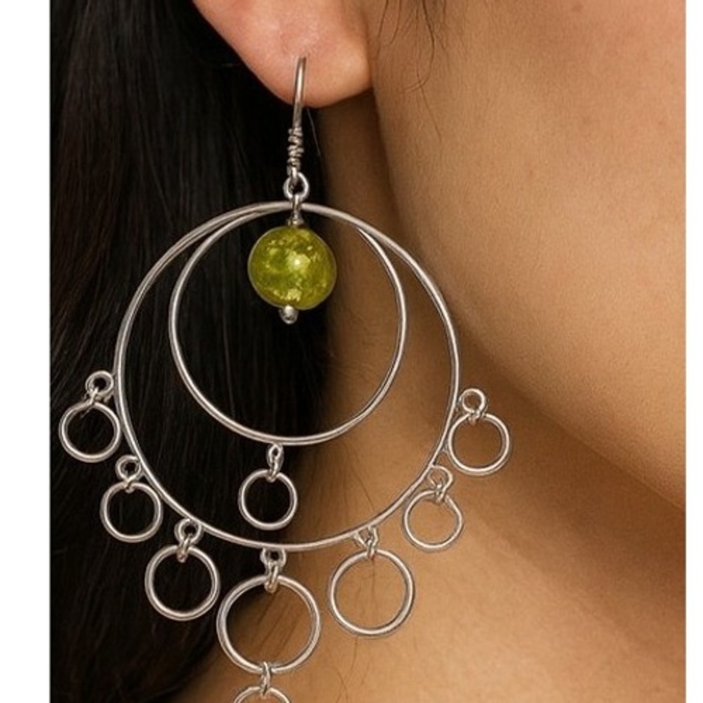 Chandelier Hoop Earrings Green Stone‎ Dangle Drop Silver Tone Women